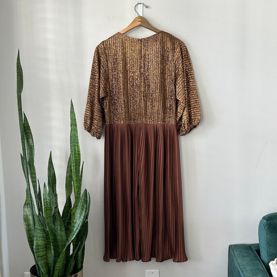Vintage 60s RK Knits Mod Brown Copper Metallic Pleated Midi Dress 