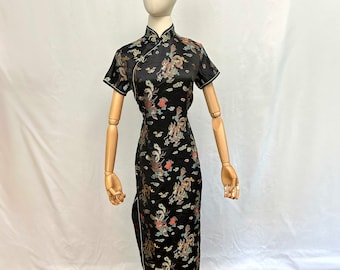 Traditional Chinese Oriental Dragon Black Satin Dress Lian Lin Mandarin Collar Size L