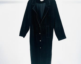 90s Vintage Gotcha Covered Black Crushed Velvet Long Trench Coat Silver Buttons