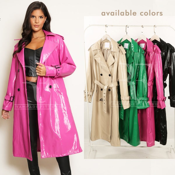 Women's Patent Leather Coat, Hot Pink Pvc Vinyl Trench Coat
