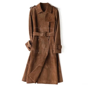 Women Brown Leather Long Coat, Ladies Suede Leather Brown Trench Coat, Stylish and Warm, Perfect Winter Gift for Her