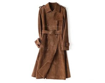 Women Brown Leather Long Coat, Ladies Suede Leather Brown Trench Coat, Stylish and Warm, Perfect Winter Gift for Her