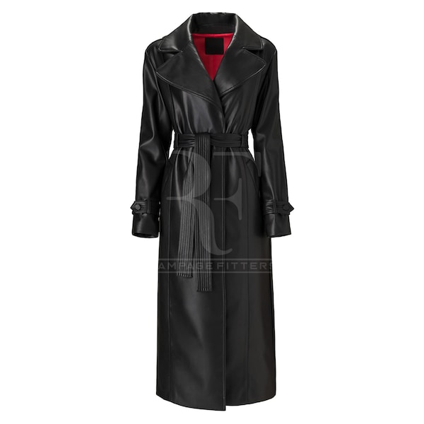 Leather Trench Coat Women Black Leather Long Coat Ladies Designer Trench Coat