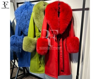 Women Trench Coat, Patent Leather Coat, Stylish Fur Long Coats, Shining Leather Coats, PVC Vinyl Ladies Trench Coat