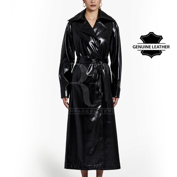 Long manteau noir brillant en cuir verni pour femme Trench-coat en vinyle PVC et double boutonnage avec ceinture