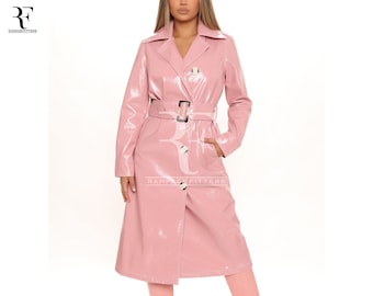 Patent Leather Trench Coat Women Pink PCV Vinyl Long Coat