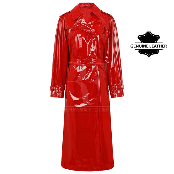 Roter Leder Trenchcoat Damen Lackleder Langer Mantel Taillengürtel Stilvoller Damen Designer Zweireiher Mantel