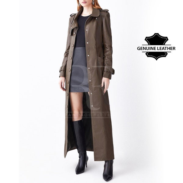Leather Maxi Trench Coat Military Colour Ladies Genuine Leather Long Coat