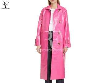 Crocodile Embossed Faux Patent Trench Coat Women Stylish Pink Leather Long Coat