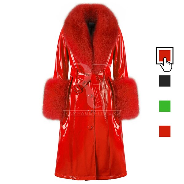 Manteau de Noël en cuir rouge pour femme Manteau long en cuir verni rouge pour femme