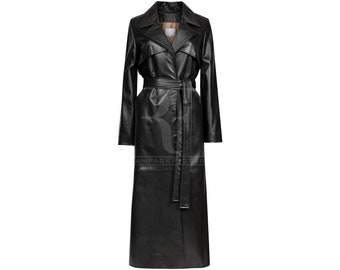 Women Italian Leather Trench Coat, Black Leather Long Coat, Ladies New Designer Coat, Handmade Italian Style Coat