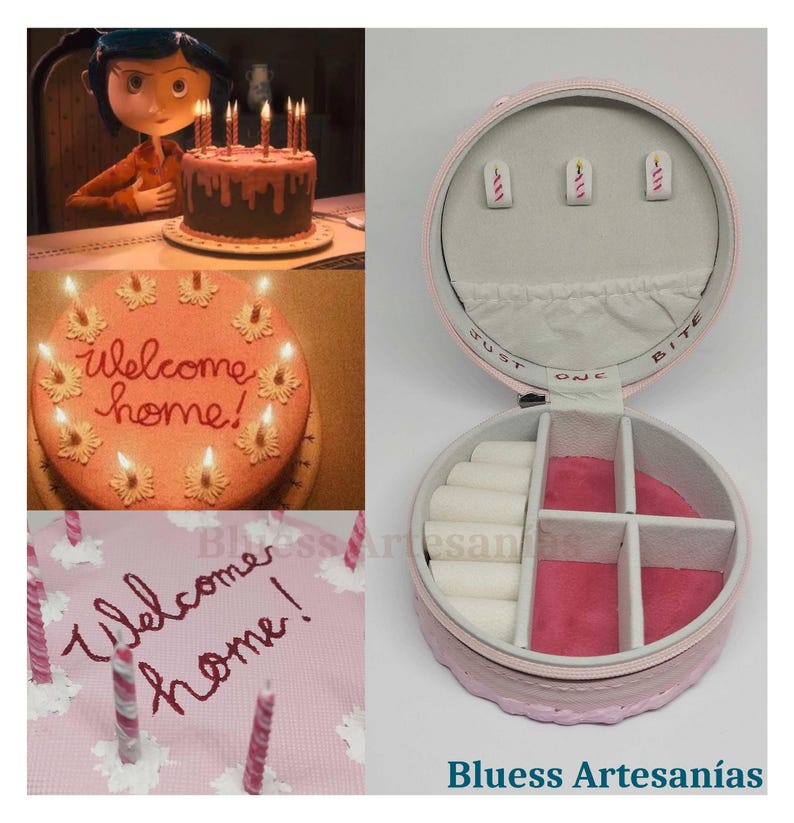 May include: A pink, round jewellery box with multiple compartments, open to reveal storage for rings and earrings. The box is next to images of cakes with lit candles and the words "Welcome home!" written on them. The text "Bluess Artesan&iacute;as" is at the bottom.