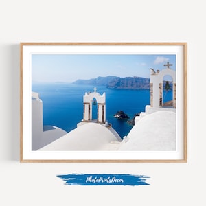 Santorini Print: Oia Church, Blue & White Landscape Wall Art