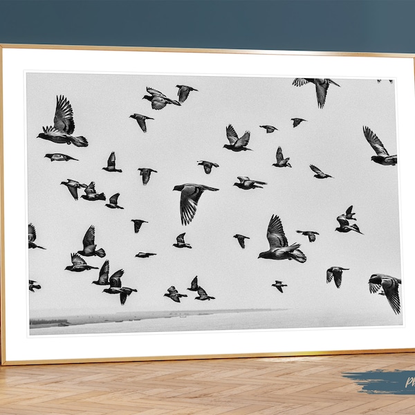 Flying birds Black and White PRINT | Birds in flight Monochrome Poster | Meditation Room PRINT - FREE Delivery