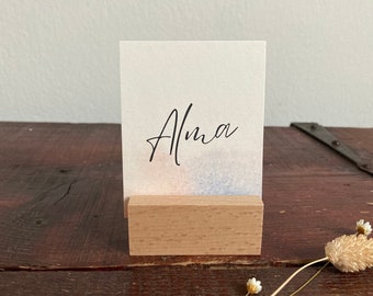 Hochwertige Namenskarte Tischkarte Platzkärtchen Hochzeit stilvoll Aquarell bunt Pastell modern nachhaltig Holz Kartenhalter Sitzordnung