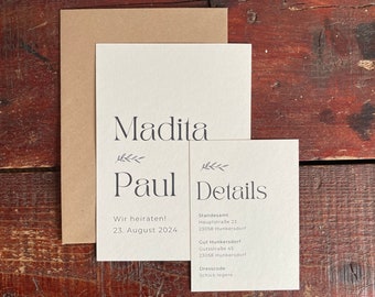 Hochwertige Einladung Hochzeit Karte schlicht stilvoll modern minimalistisch elegant zeitlos Natur Zweig handgemacht nachhaltig