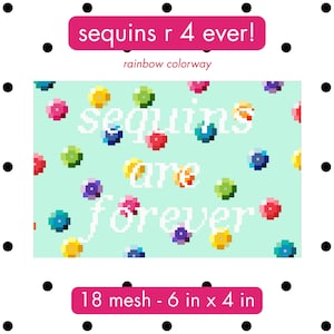 Puede incluir: Un lienzo de punto de aguja con fondo verde menta claro, lentejuelas pixeladas multicolores y el texto blanco "sequins are forever". La etiqueta superior dice "sequins r 4 ever! rainbow colorway" y la inferior "18 mesh - 15,24 cm x 10,16 cm".