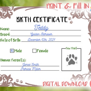 Geburtsurkunde für Welpen [Printable - Print and Fill In] Neuer Welpen Geschenk, Neuer Hund Geschenk, Neue Welpen Besitzer, Digitaler Download, Vorlage