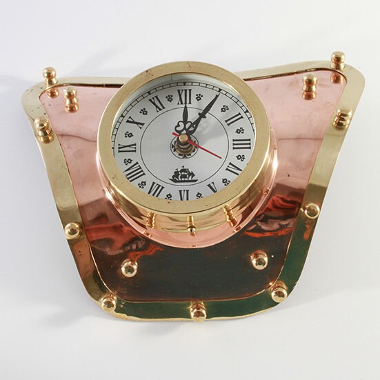 Clock - polished brass and copper 4" diameter in style of a diver's plate
