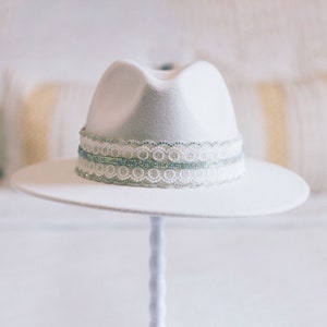 Kassandra Hand Embellished Wool Felt Fedora Bridal Hat with Multi-Chrome Rhinestones and Lace in White image 2