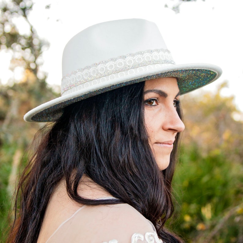 Kassandra Hand Embellished Wool Felt Fedora Bridal Hat with Multi-Chrome Rhinestones and Lace in White image 1