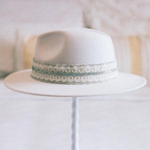 Kassandra Hand Embellished Wool Felt Fedora Bridal Hat with Multi-Chrome Rhinestones and Lace in White image 3