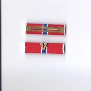 May include: A red, white, and blue ribbon with a gold "V" in the center. The ribbon is folded in half and is about 1 inch wide.
