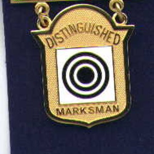 May include: A gold-colored U.S. Marine Corps Distinguished Marksman badge with a white background and a black bullseye target. The badge is suspended from a gold-colored ribbon with the words "U.S. MARINE CORPS" printed on it.
