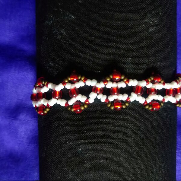 Hand-Beaded Homemade Bracelet - White, Red, Bronze