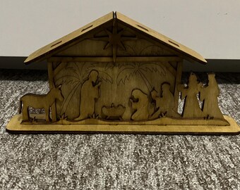 Presepe di Natale, file digitale dxf pdf cdr ai svg, design compensato 3 mm. Mobiletto da scrivania decorativo.