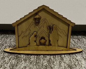 Presepe di Natale, file digitale dxf pdf cdr ai svg, design compensato 3 mm. Mobiletto da scrivania decorativo.