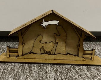Presepe di Natale, file digitale dxf pdf cdr ai svg, design compensato 3 mm. Mobiletto da scrivania decorativo.