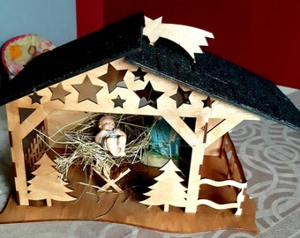 Christmas Nativity Scene, digital file dxf pdf cdr ai svg, project plywood 3mm and 4 mm (two different files). Decoration of desk, cabinet.