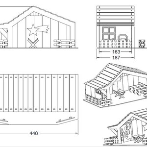 May include: Line drawing of a nativity scene with a stable, a manger, and a star. The stable is 440 cm wide, 250 cm tall, and 187 cm deep. The manger is 163 cm wide and 187 cm tall.