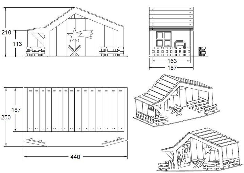 May include: Line drawing of a nativity scene with a stable, a manger, and a star. The stable is 440 cm wide, 250 cm tall, and 187 cm deep. The manger is 163 cm wide and 187 cm tall.