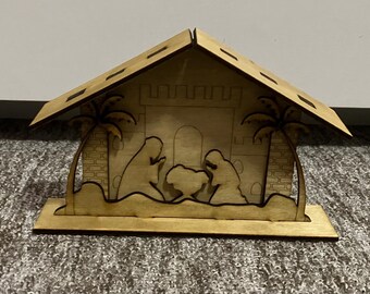 Presepe di Natale, file digitale dxf pdf cdr ai svg, design compensato 3 mm. Mobiletto da scrivania decorativo.