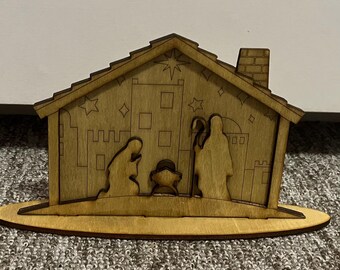 Presepe di Natale, file digitale dxf pdf cdr ai svg, design compensato 3 mm. Mobiletto da scrivania decorativo.