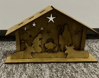 Presepe di Natale, file digitale dxf pdf cdr ai svg, design compensato 3 mm. Mobiletto da scrivania decorativo.