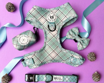 Conjunto de arnés para perro a cuadros verde salvia: incluye collar, correa, pajarita y bolsa para excrementos.