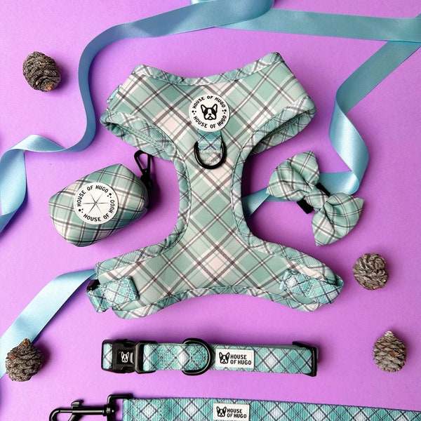 DOG HARNESS and lead set bundle - check harness, collar, lead, waste bag and bow tie bundle set - dog harness bundle green check sage check