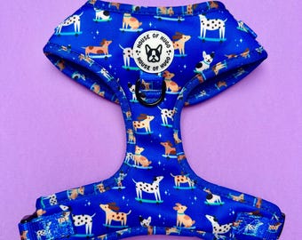 May include: Blue dog harness with a repeating pattern of dogs on skateboards. The harness has a black buckle and a circular patch with a bulldog logo and the text "HOUSE OF HUGO".