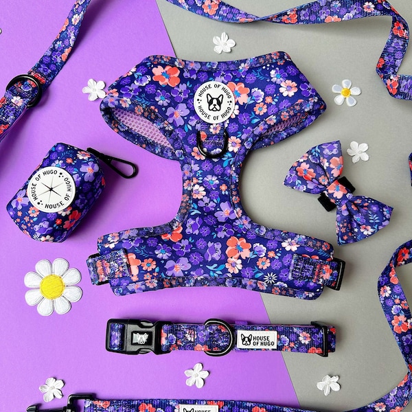 Floral dog collar, harness, lead or bow tie bundle set - dog harness set - dog harness bundle