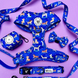 Puede incluir: Un conjunto de accesorios para mascotas con temática de perros de color azul, que incluye un arnés, una correa, un collar, una pajarita y un dispensador de bolsas para residuos. Cada artículo está adornado con un patrón repetido de varias razas de perros. El conjunto incluye el texto "HOUSE OF HUGO".