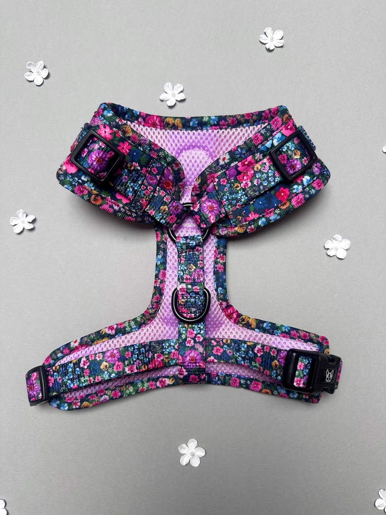 Puede incluir: Un arn&eacute;s para perro floral con forro de malla rosa y hebillas negras. El arn&eacute;s tiene un patr&oacute;n floral con flores rosas, azules y amarillas.