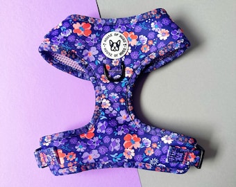 Floral DOG HARNESS - adjustable dog puppy harness - ditsy floral dog harness - purple floral dog harness - padded strong no pull dog harness
