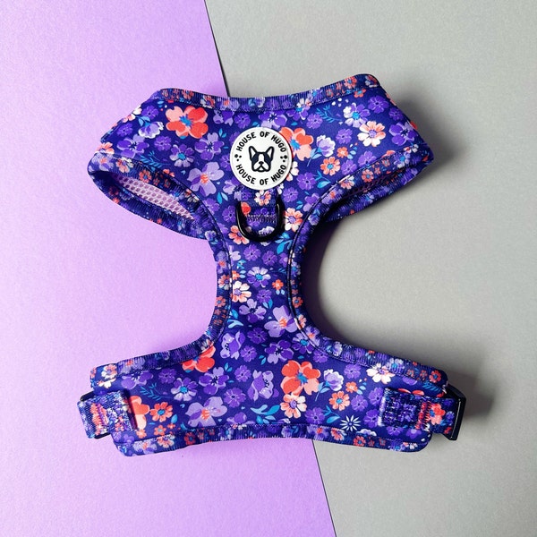 Floral DOG HARNESS - adjustable dog puppy harness - ditsy floral dog harness - purple floral dog harness - padded strong no pull dog harness