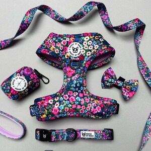 Puede incluir: Un conjunto de arn&eacute;s, correa, collar y portador de bolsas para perros con estampado floral. El conjunto es de color azul y rosa floral con un logotipo en blanco y negro que dice "House of Hugo".