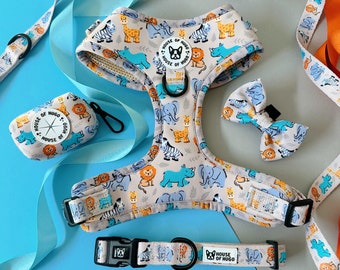 Conjunto de arnés para perro con estampado animal de safari: collar, correa y pajarita