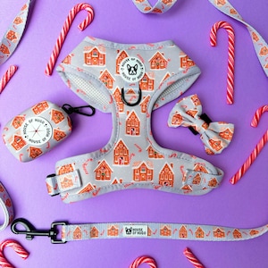 Christmas DOG HARNESS lead set bundle - Christmas ginger bread candy cane harness, lead, waste bag bow tie bundle set Christmas dog jumper