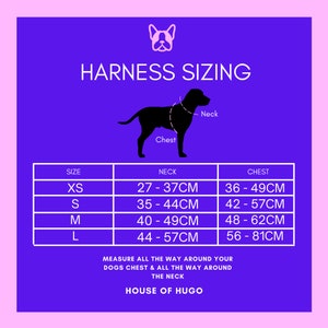 Puede incluir: Un gr&aacute;fico que muestra el tama&ntilde;o del arn&eacute;s para perros. El gr&aacute;fico enumera las tallas XS, S, M y L con las medidas de cuello y pecho correspondientes en cent&iacute;metros. El texto en la parte inferior dice "Mide todo el camino alrededor del pecho de tu perro y todo el camino alrededor del cuello. House of Hugo."